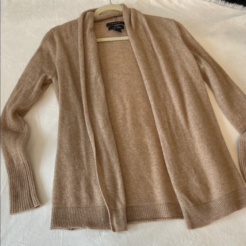Tahari Cashmere Camel Open-Front Cozy Cardigan M